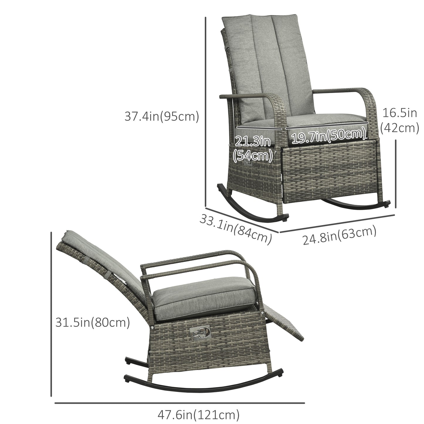 Outdoor Wicker Rocking Chair with Cushion, Patio PE Rattan Recliner Chair with Adjustable Footrest, Armrests, Red