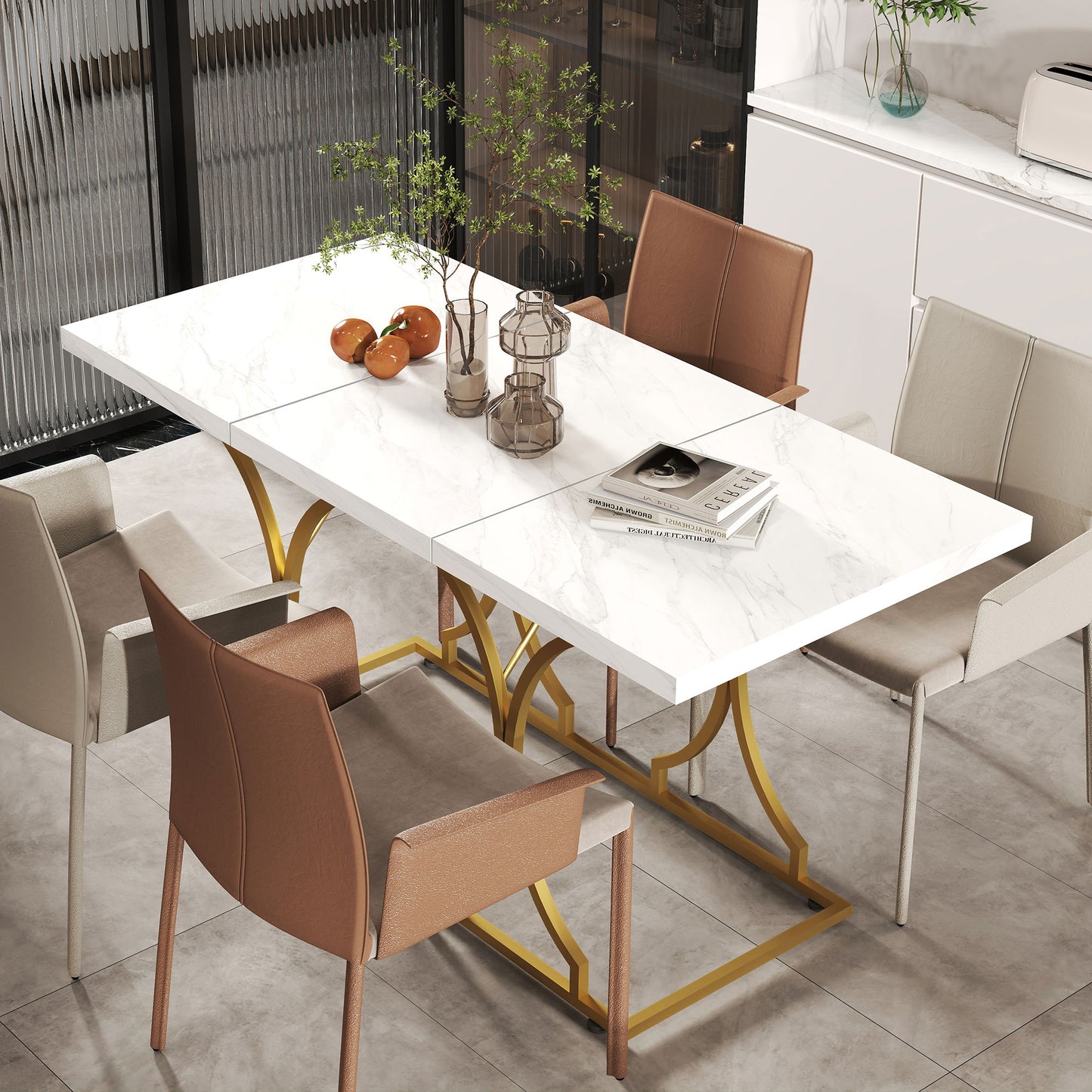 59-Inch Dining Table for 6, Modern Marble-Pattern Kitchen Dinner Table with Metal Pedestal for Home, Dining Room, White