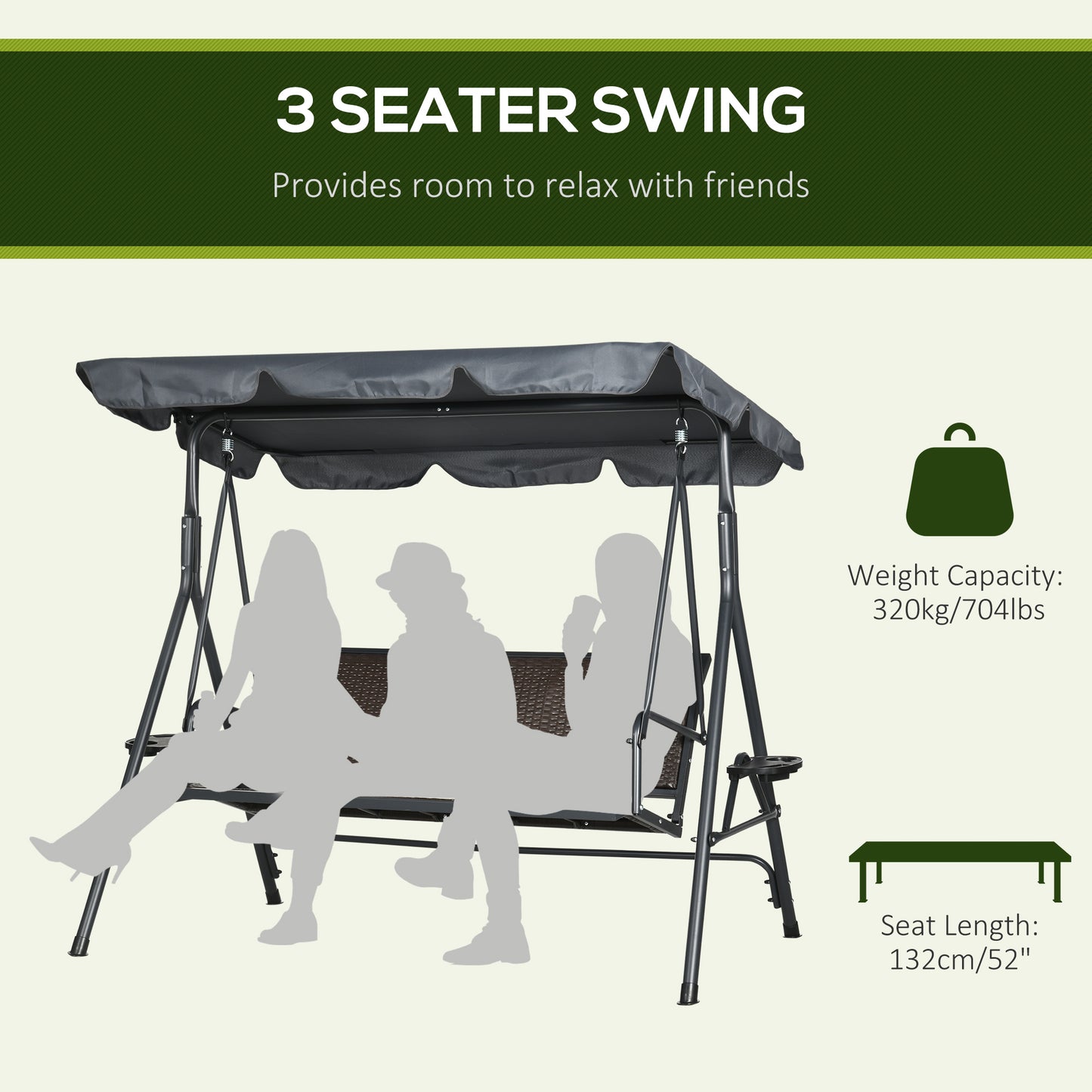 3-Seat Patio Swing Chair, Outdoor Canopy Swing Glider with Adjustable Shade, Grey