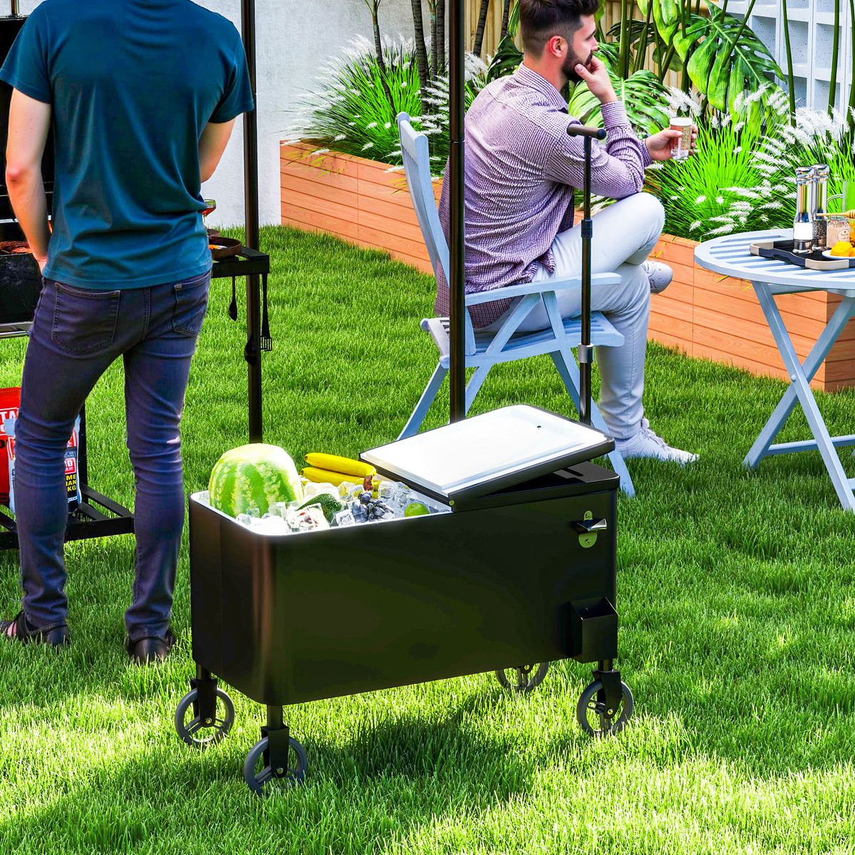 Black 80-Qt Rolling Ice Chest Cooler Cart with Bottle Opener