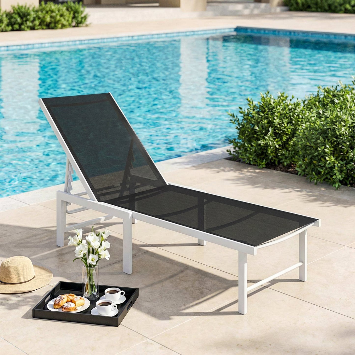 Outdoor Lounge Chair, 5-Position Reclining Outdoor Chaise Lounge Tanning Chair with Mesh Seat, Dark Blue - Black