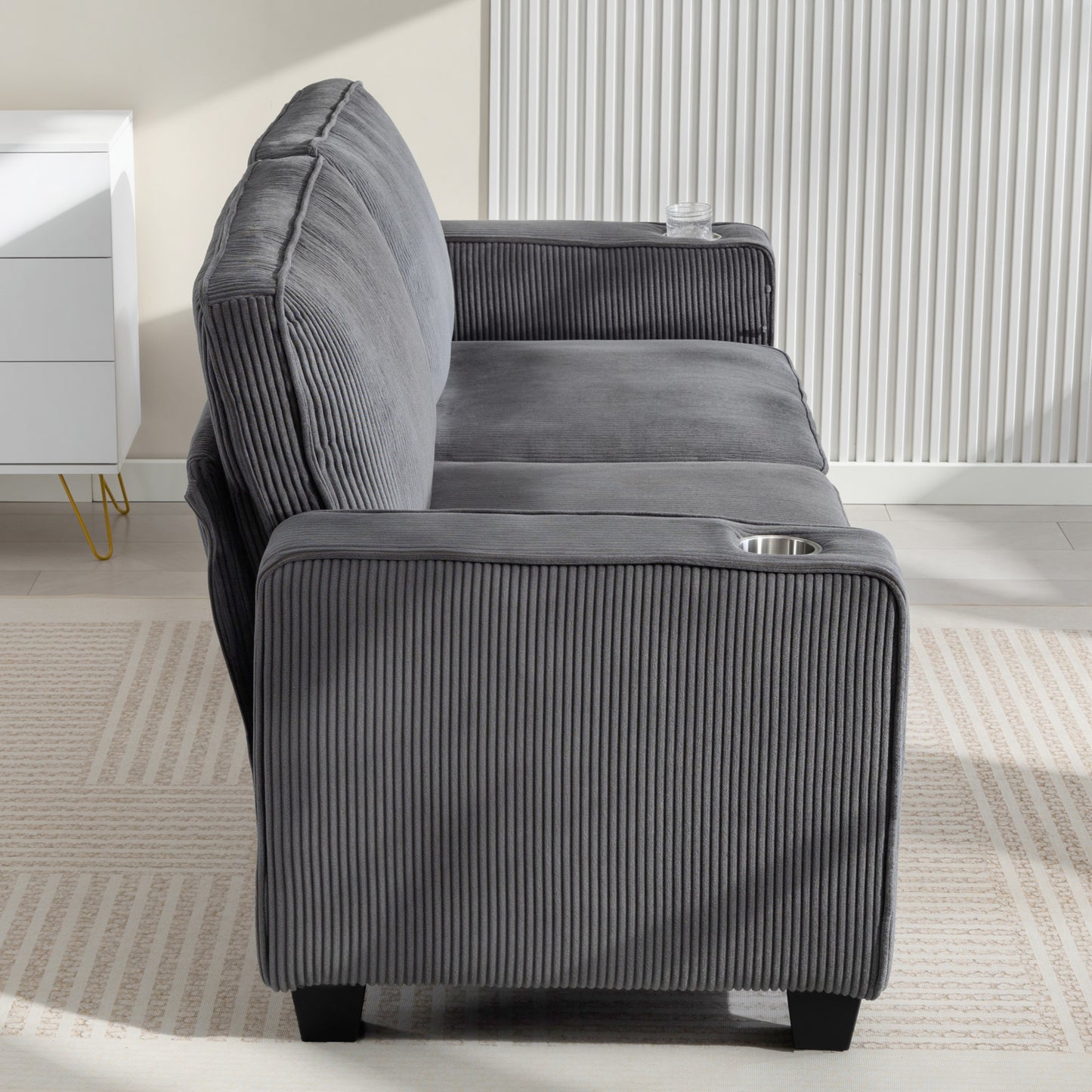 Three Seater Sofa, Fabric 3 Seater Couch with Spring Cushion and Cup Holders for Living Room, Bedroom, Dark Grey