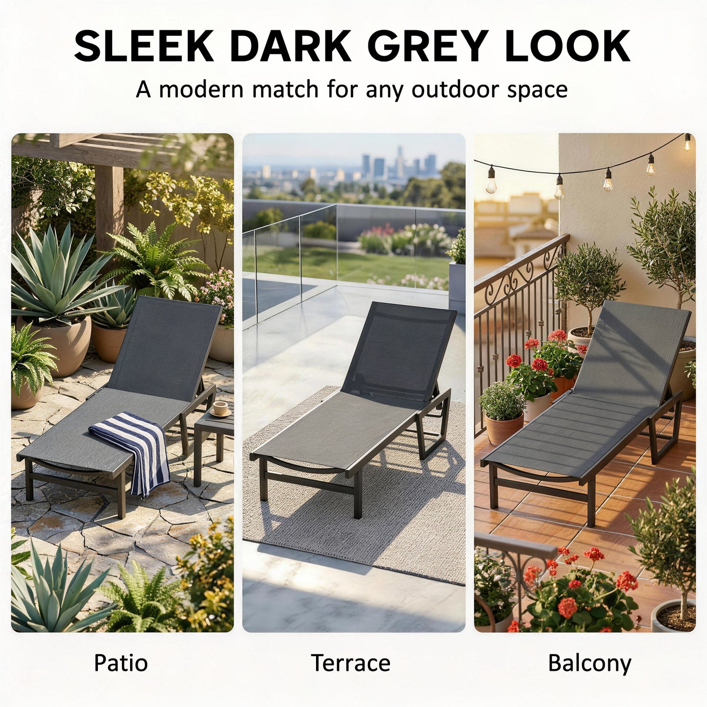 Lounge Chair Outdoor, 63 cm Wide Chaise Lounge Tanning Chair, 4-Position Outdoor Tanning Lounger, Dark Grey