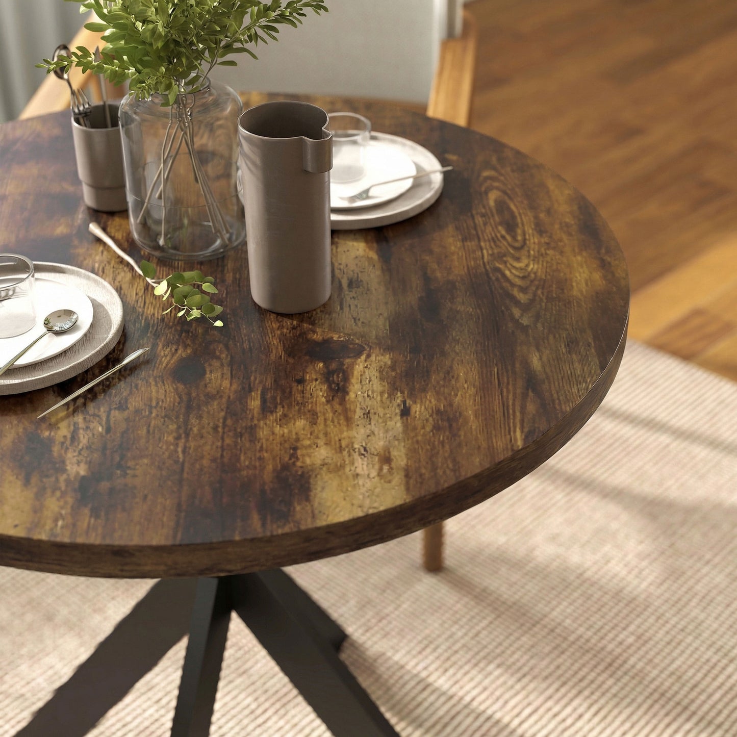 29" Dining Table, Contemporary Round Kitchen Table with Steel Legs, Rustic Brown