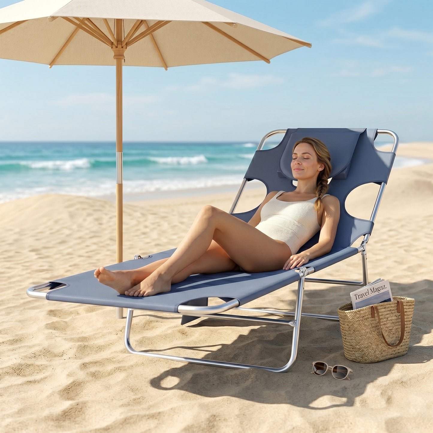 Folding Outdoor Lounge Chair, 5-Level Tanning Chair with Face Hole, Side Pocket, Carry Strap for Beach Pool, Grey