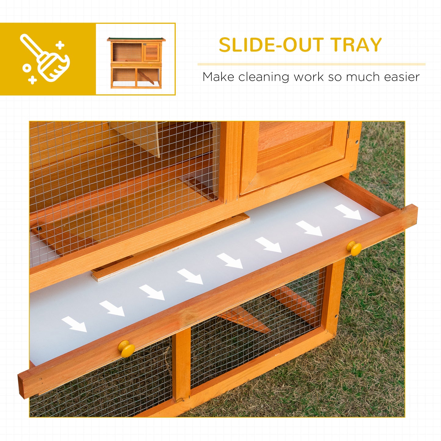 Wooden Rabbit Hutch, Indoor Outdoor Bunny Cage with Run, 2- Level Guinea Pig House with Slide-Out Tray, Waterproof Roof, Yellow