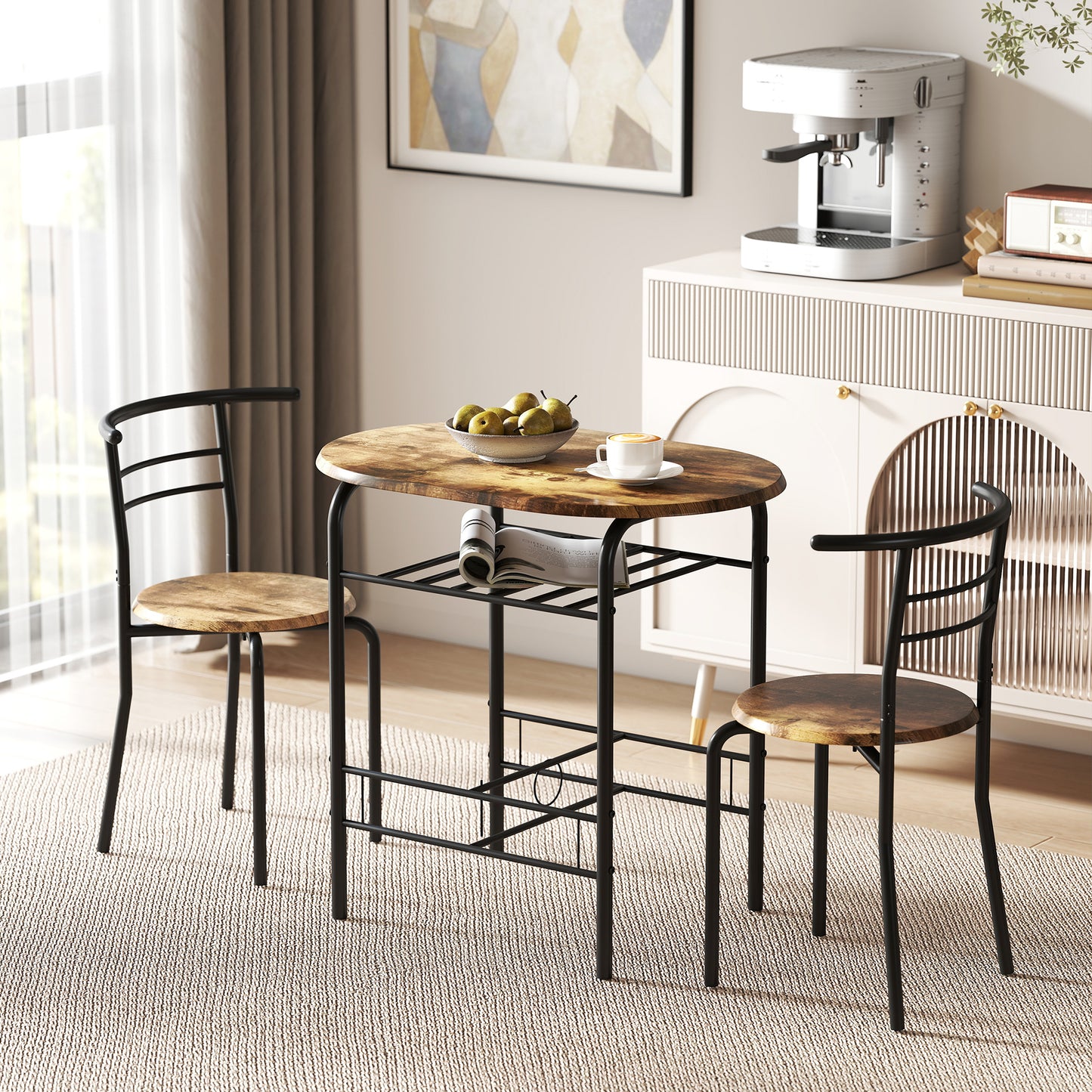 Dining Table Set of 3, Kitchen Table and Chairs Set for 2 with Shelf, Living Room Rustic Brown
