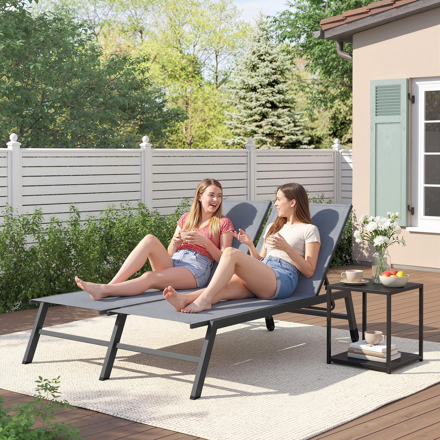 Chaise Lounge Chair for 2 Person, Outdoor Lounge Chair with 5-Position Adjustable and Wheels