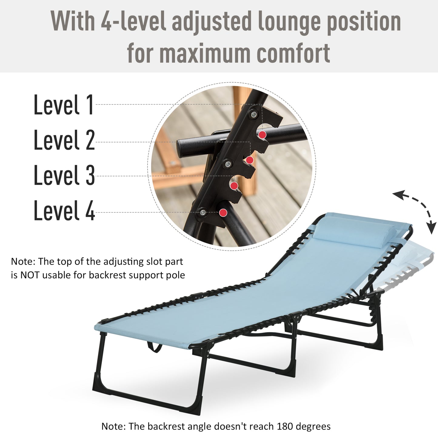 Outdoor Folding Lounge Chair, 4-Level Adjustable Chaise Lounge with Headrest, Tanning Chair Beach Bed, Reclining Lounger Cot for Camping, Hiking, Backyard, Light Blue