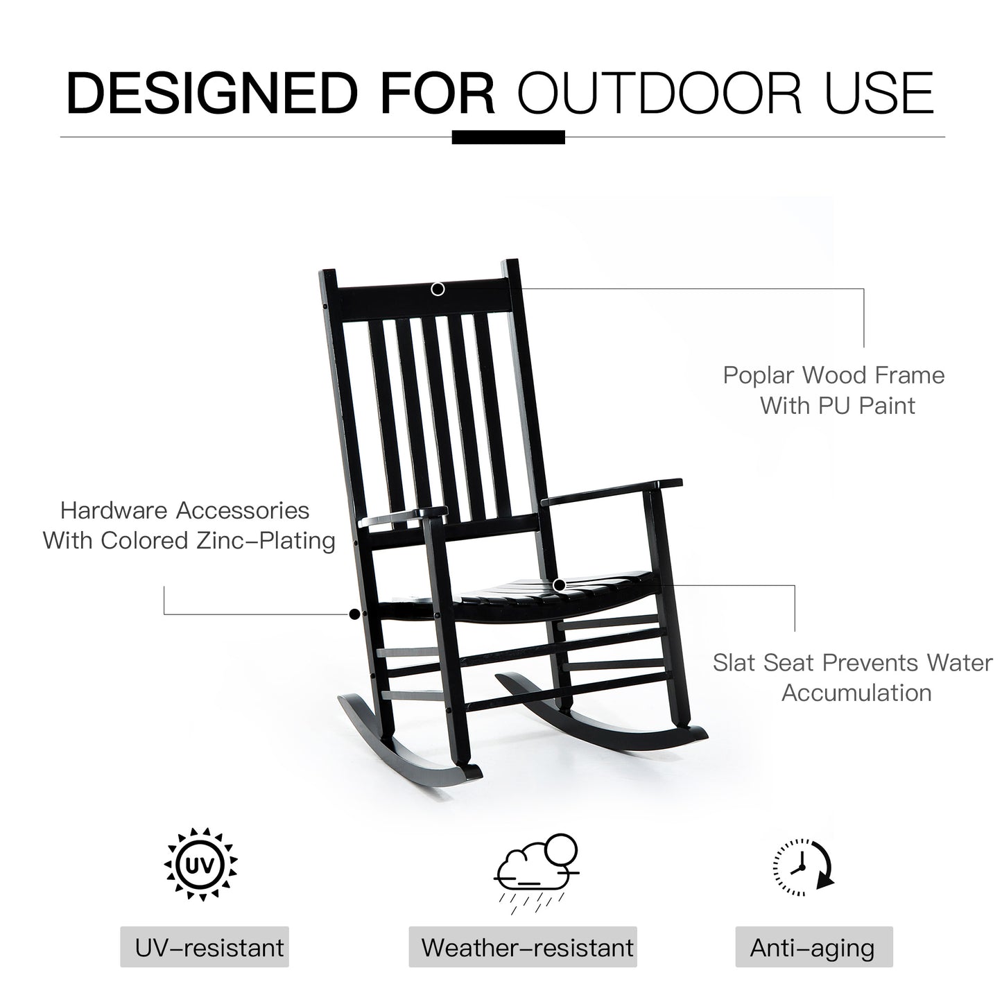 Wooden Porch Rocking Chair Outdoor Patio Rocker Garden Single Leisure Reclining Seat Armchair Black