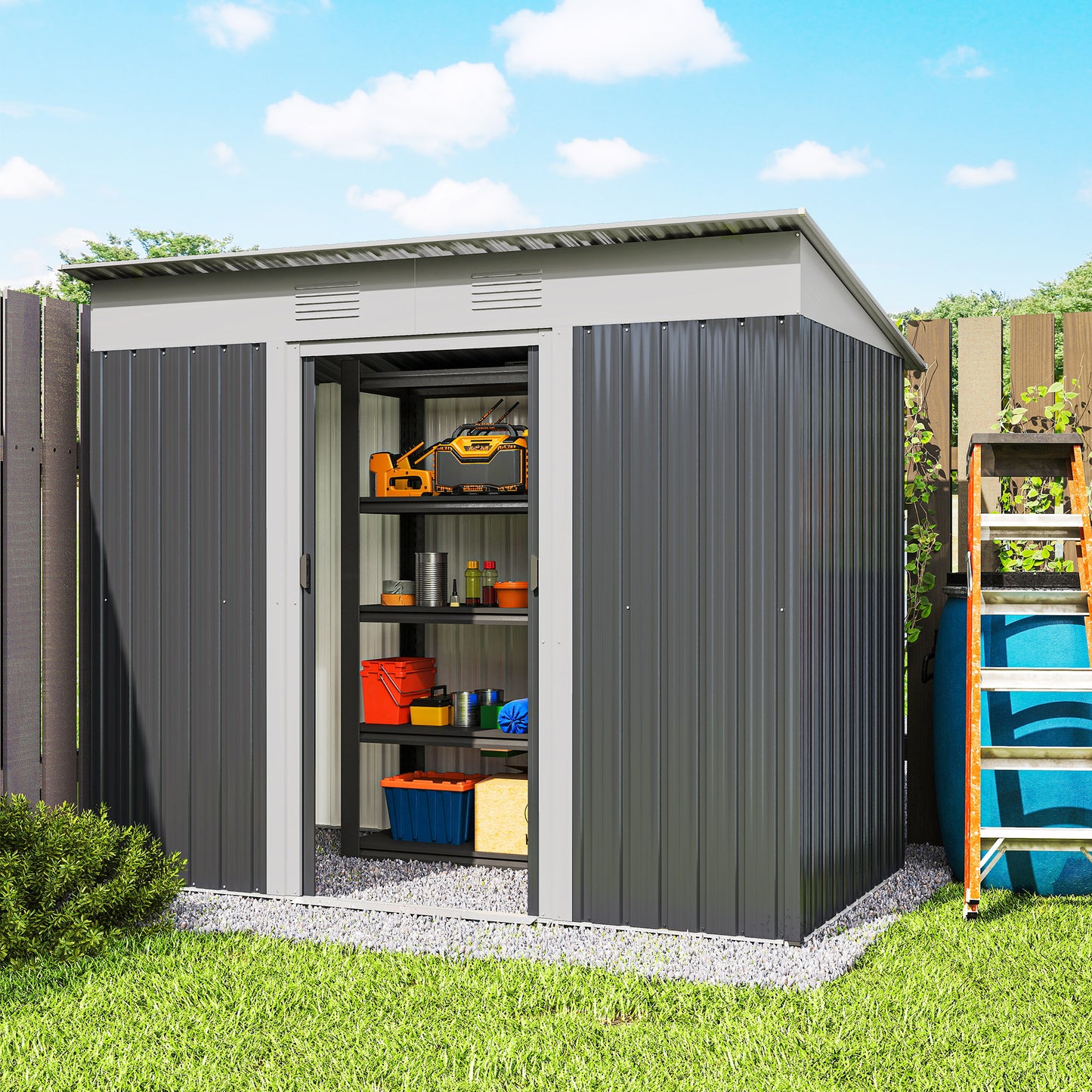 7' x 4' Outdoor Storage Shed, Metal Garden Tool Storage House Organizer with Lockable Sliding Doors and Vents for Backyard Patio Lawn, Charcoal Grey