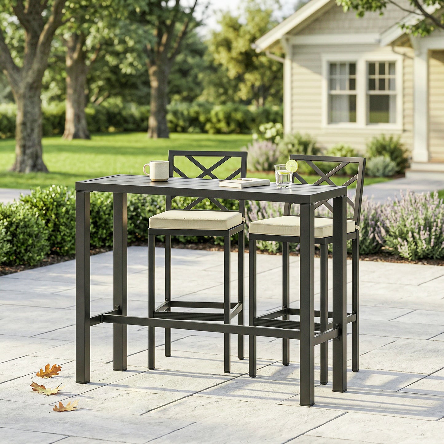 3 Piece Patio Bar Set, Outdoor Bar Table and Stools, Electrophoresis Steel Tabletop, X Back, Footrest, Cushions, Khaki