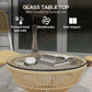 Rattan Outdoor Coffee Table, Patio End Table with Tempered Glass Tabletop & Steel Frame, Wicker Furniture, Nature Wood