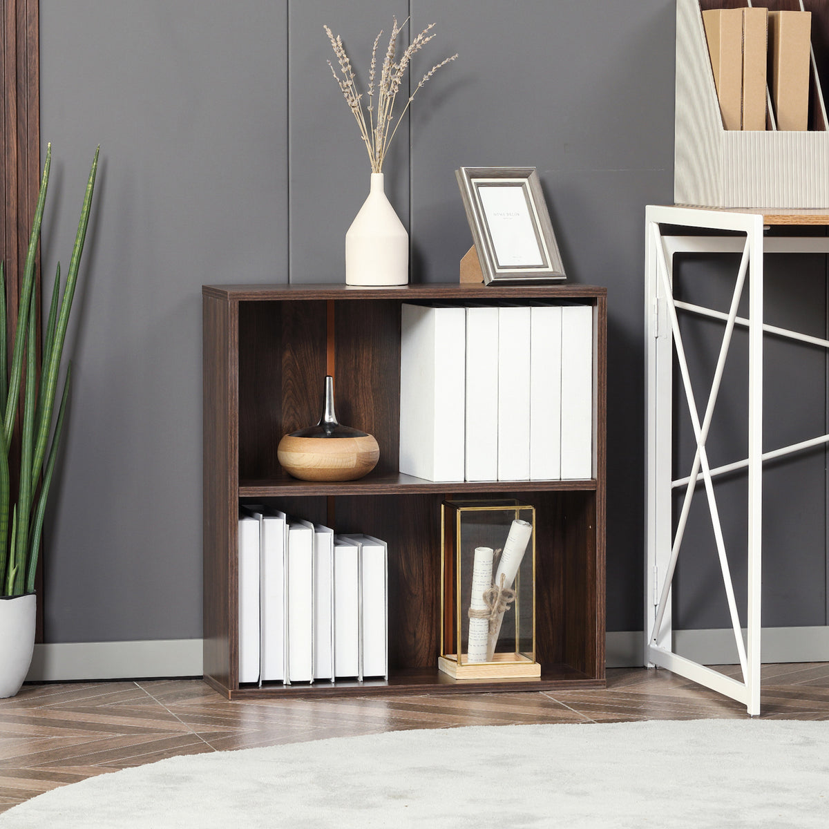 Wood Small Bookshelf 2 Tier Storage Rack Chest Unit Home Office Furniture Walnut