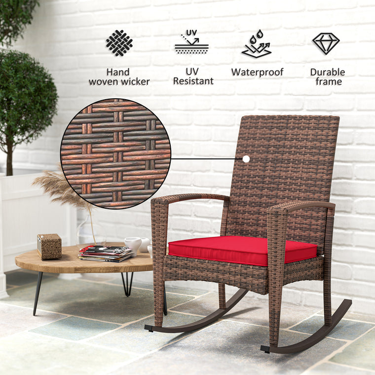 PE Rattan Glider Rocking Chair with Armrest - Wine Red