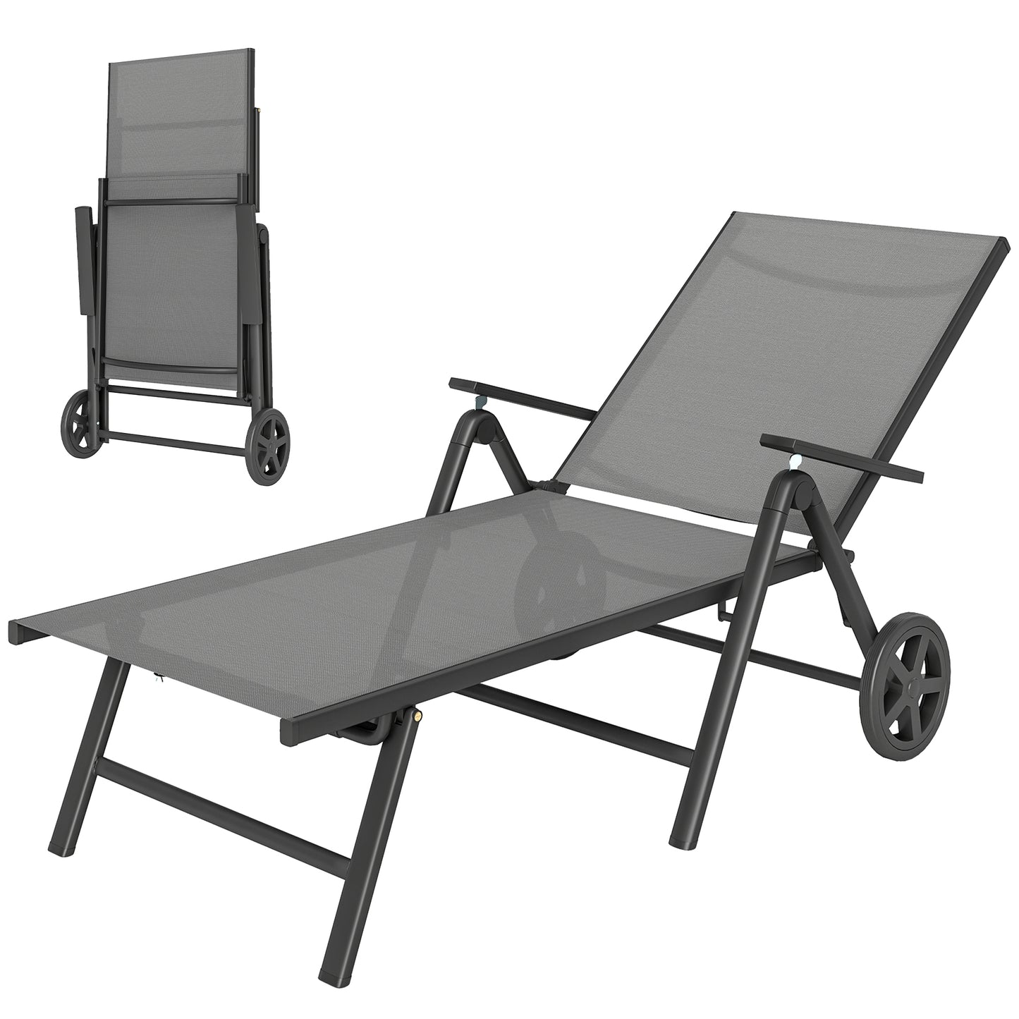 Outdoor Lounge Chair, 5-Level Adjustable Folding Chaise Chair with 2 Wheels for Backyard, Beach, Poolside, Grey