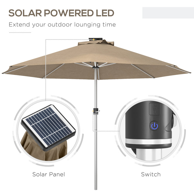 Khaki LED Patio Umbrella with 4 Modes, Solar & USB Charging