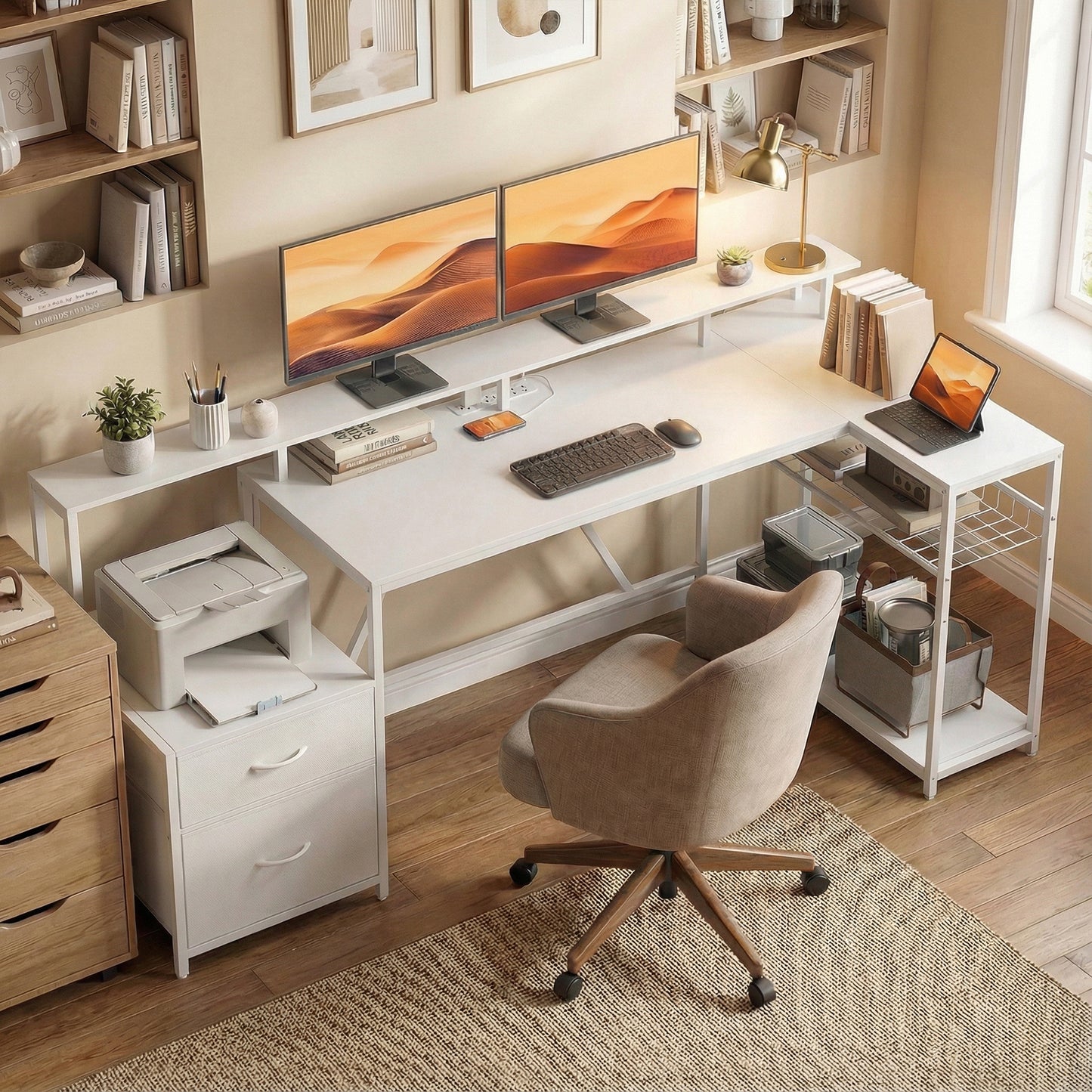 76" Gaming Desk, Reversible Computer Table with RGB Lights, USB Ports, Monitor Stand and 2 Fabric Drawers, White