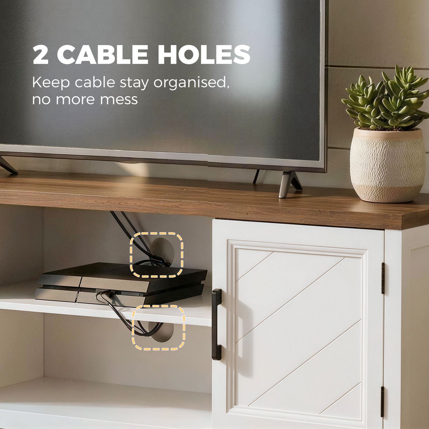 TV Stand for TVs up to 55 Inch, Entertainment Center with 2 Open Shelves, 2 Cabinets, Thick Top, White and Brown