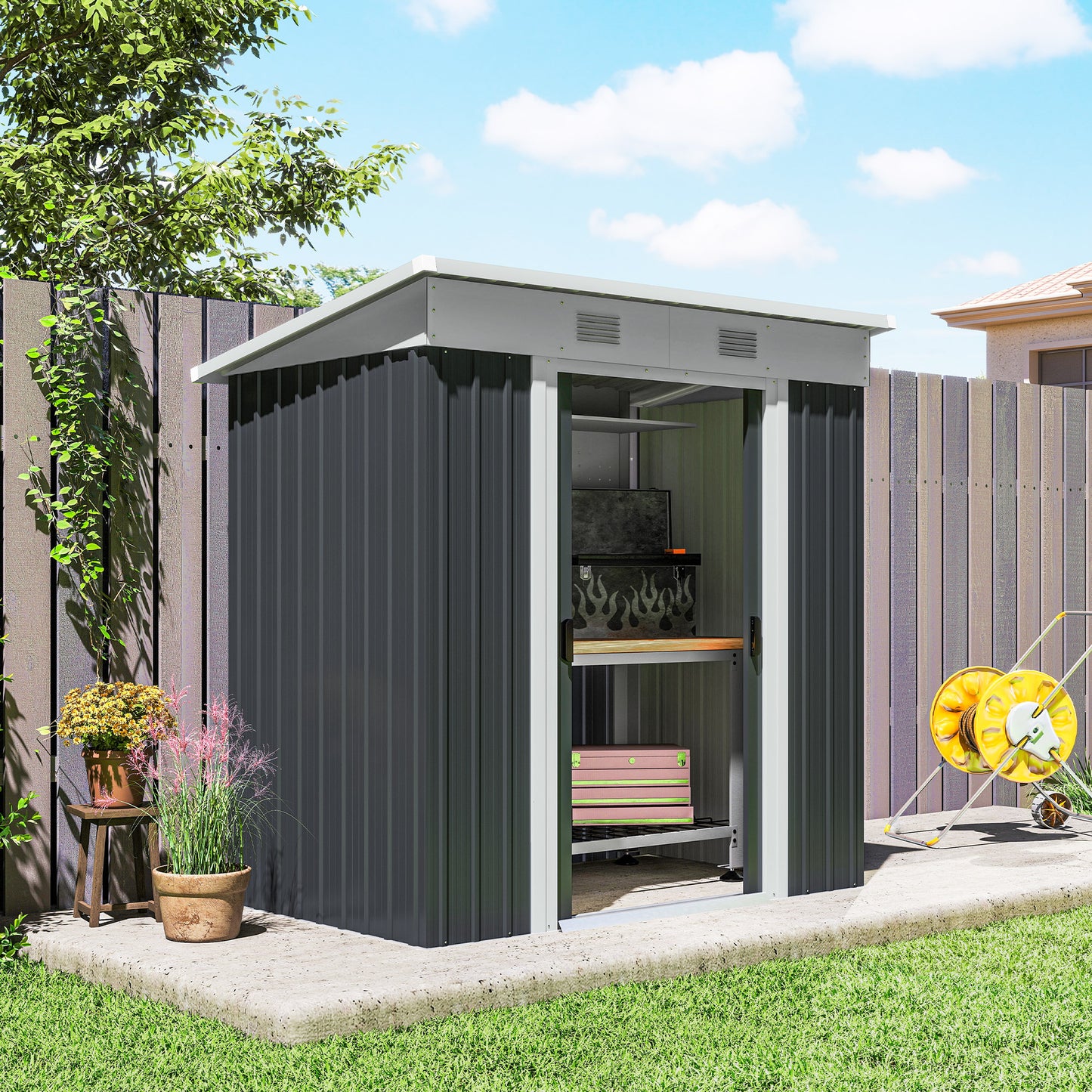 6' x 4' Outdoor Storage Shed, Metal Garden Tool Storage House Organizer with Lockable Sliding Doors and Vents for Backyard Patio Lawn, Charcoal Grey