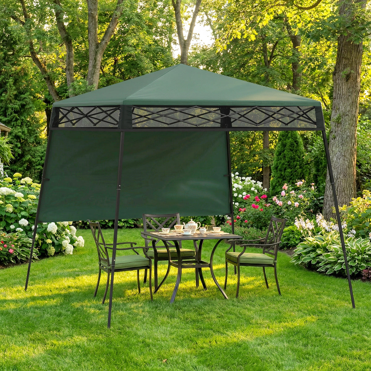7' x 7' Green Pop-Up Canopy Tent with Backpack & Inclined Legs