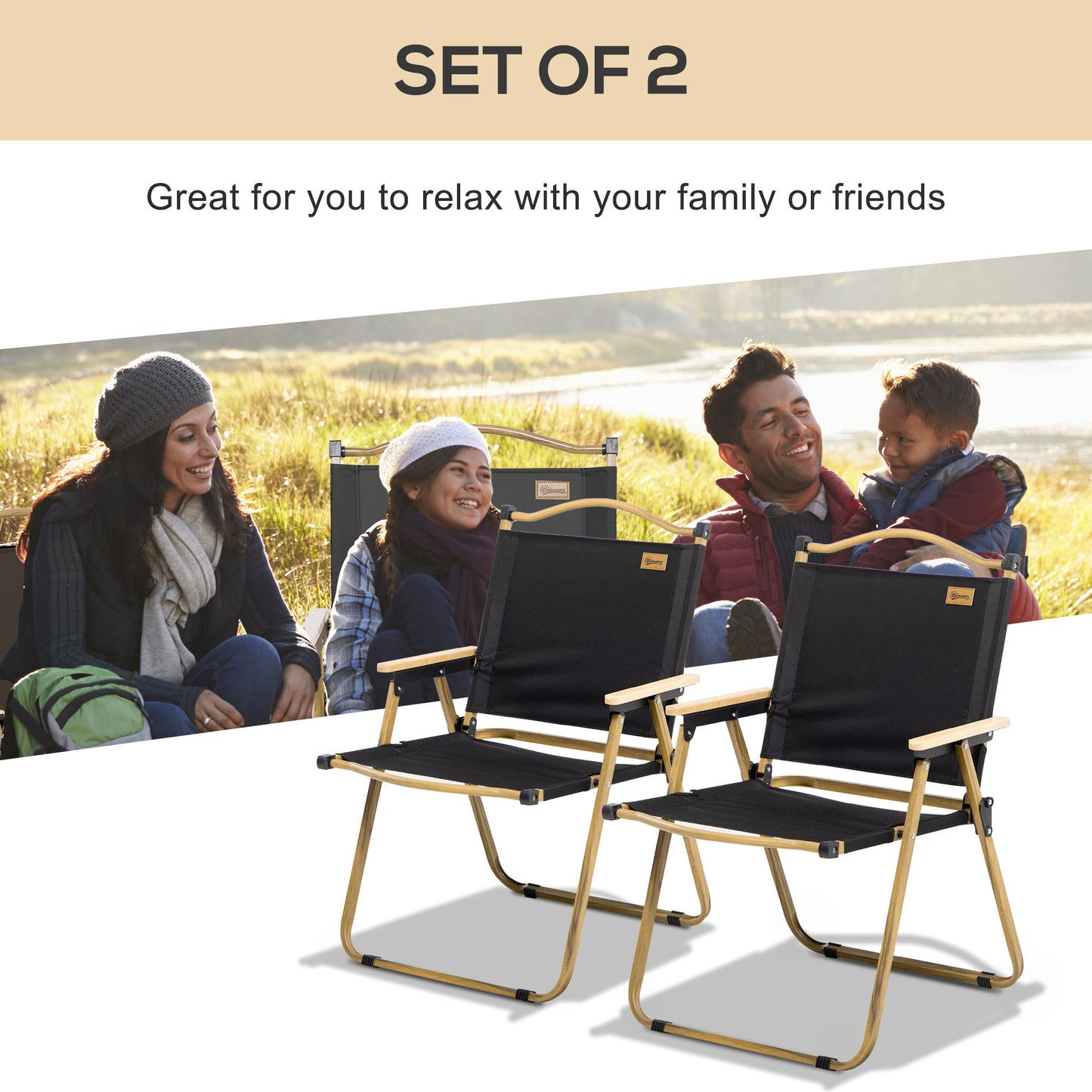 Set of 2 Camping Chair, Lightweight Folding Chair, Portable Armchairs, Excellent for Festivals, Fishing, Beach and Hiking, Beige