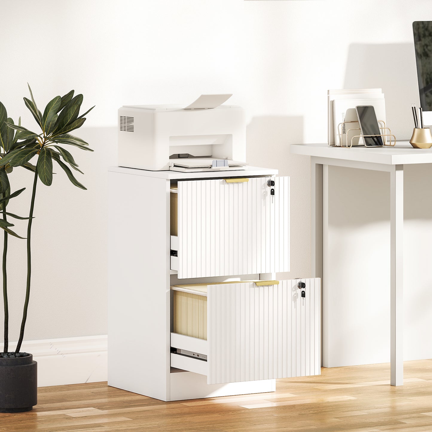 Lockable Filing Cabinet with 2 Fluted Drawers, File Cabinet with Adjustable Hanging Rails for A4 Letter Files, White
