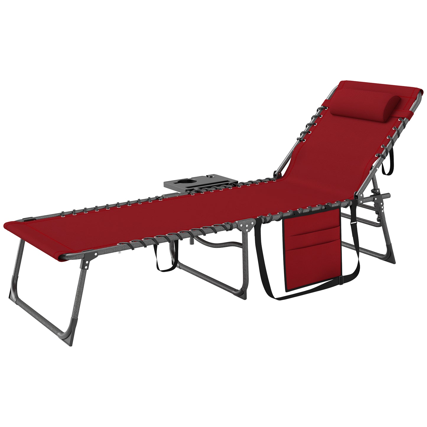Folding Lounge Chair, Outdoor Chaise Lounge Tanning Chair with Adjustable Back, Side Table, Headrest, Black