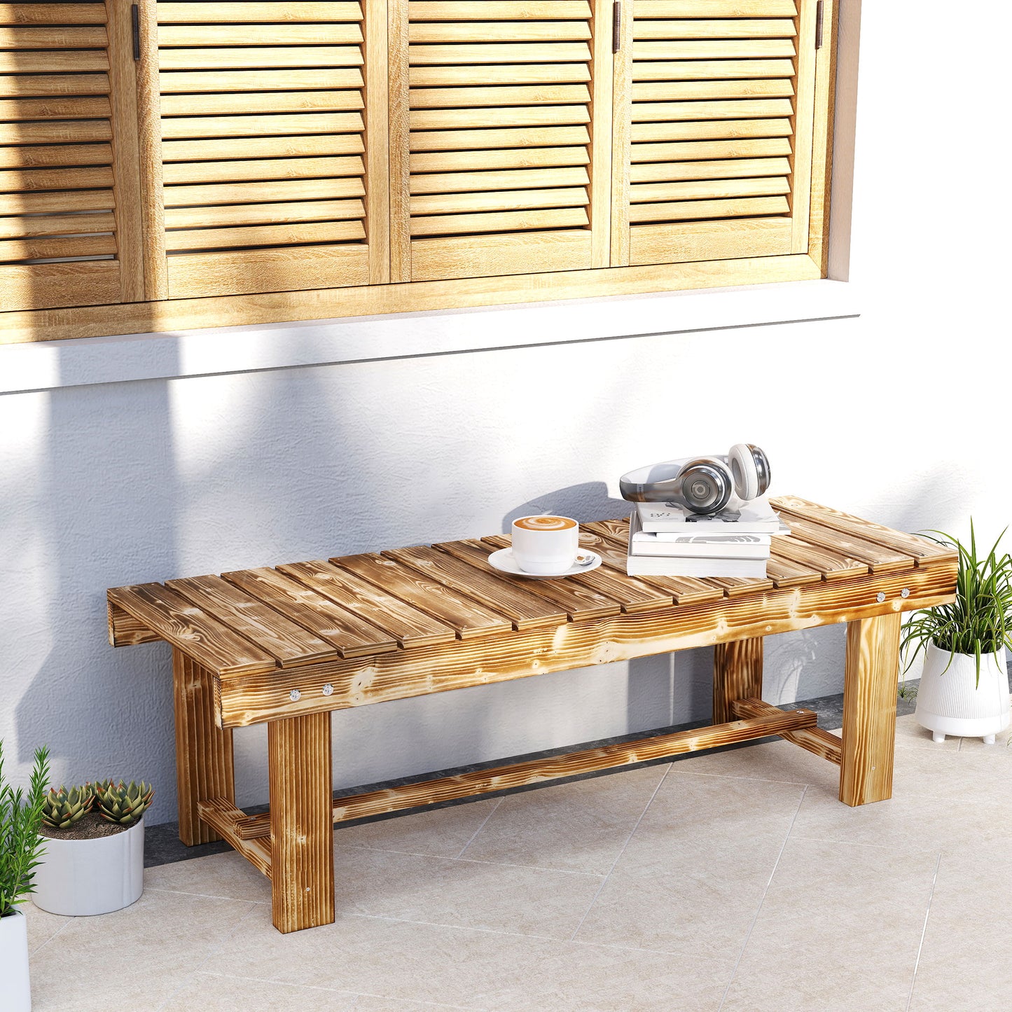 Outdoor Garden Bench, Backless Patio Fir Wood Stool, Armless Loveseat, 43.25" x 15" x 13.75", Carbonized