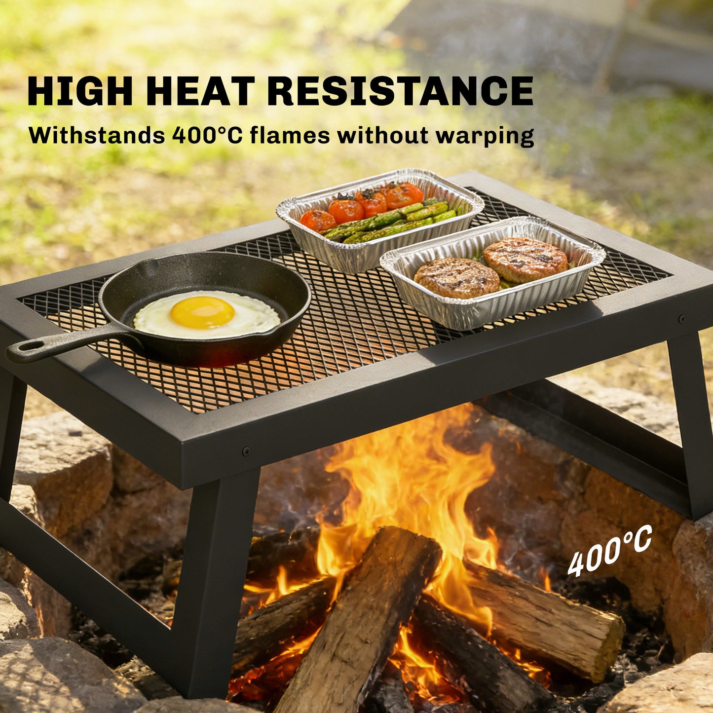 Folding Campfire Grill, 36" x 18" Heavy Duty Carbon Steel Grill Grate with Folding Legs, Black