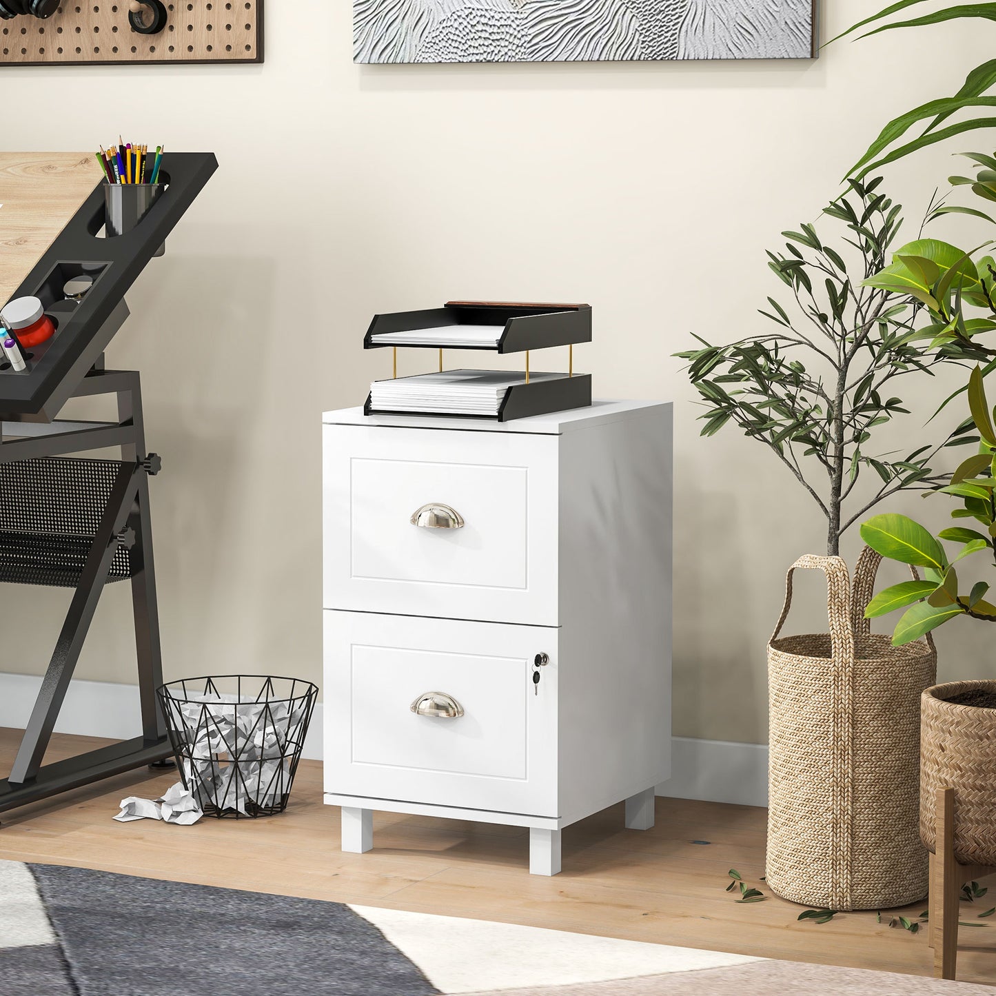 2-Drawer Small Filing Cabinet Lockable Home Office Storage Cabinet with Adjustable Hanging Bars for A4 Letter White