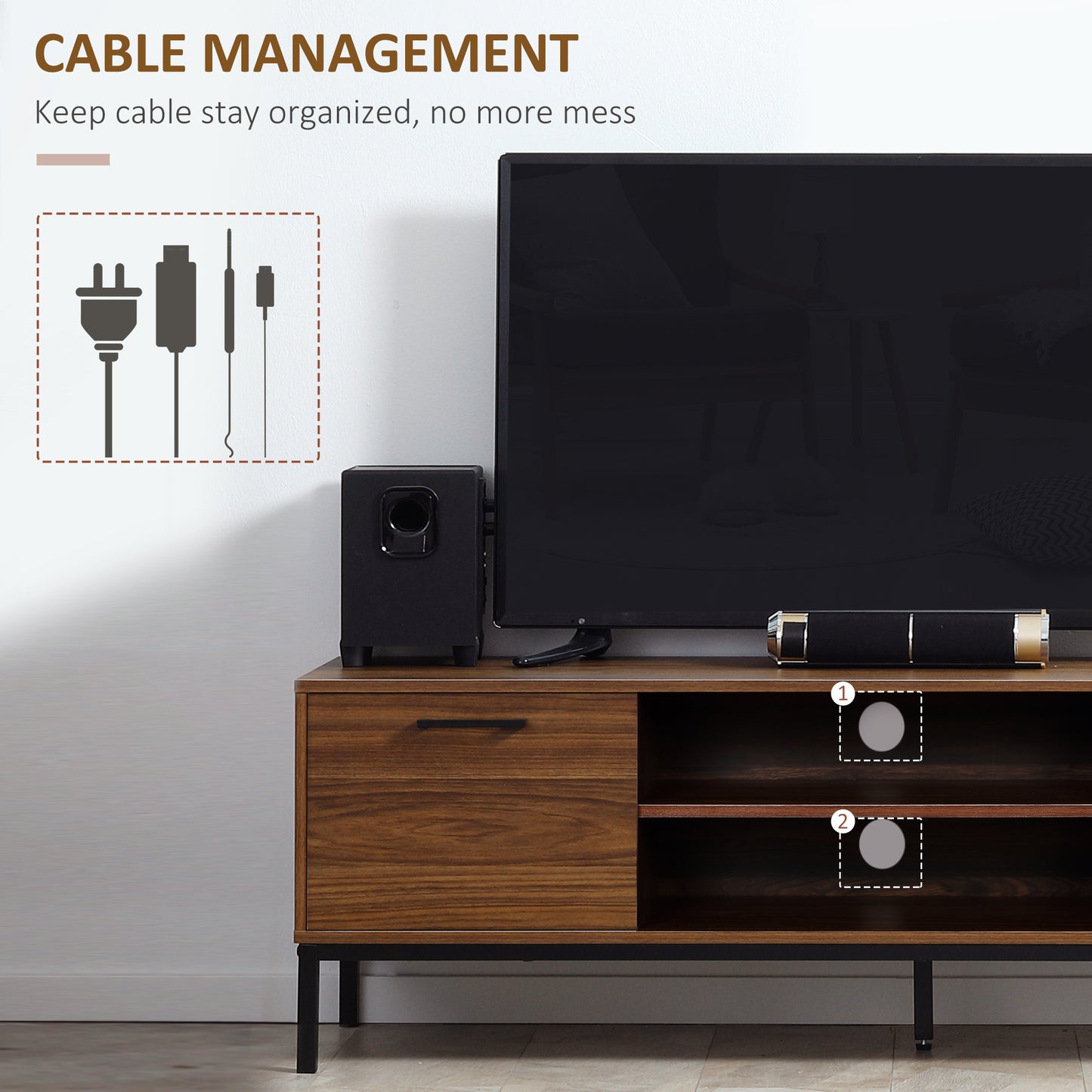 TV Stand for TVs up to 50 Inch, TV Cabinet with Door, Open Storage and Drawers, Steel Legs, Dark Walnut