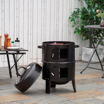16" Black 3-in-1 Vertical Charcoal BBQ Smoker with Thermometer
