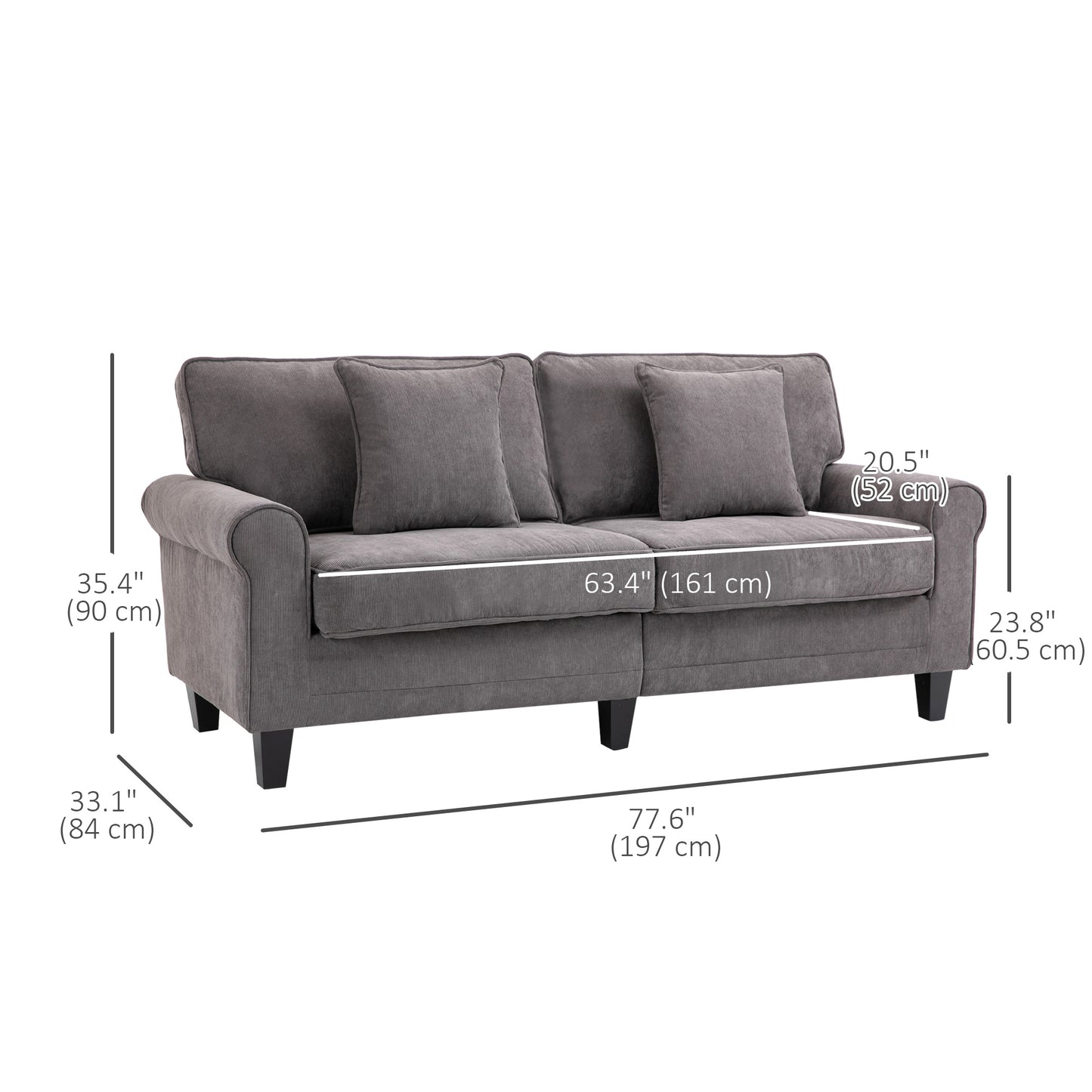 Modern 3 Seater Sofa, Corduroy Fabric 3 Seater Couch with Pine Wood Legs and Rolled Armrests for Living Room, Light Grey