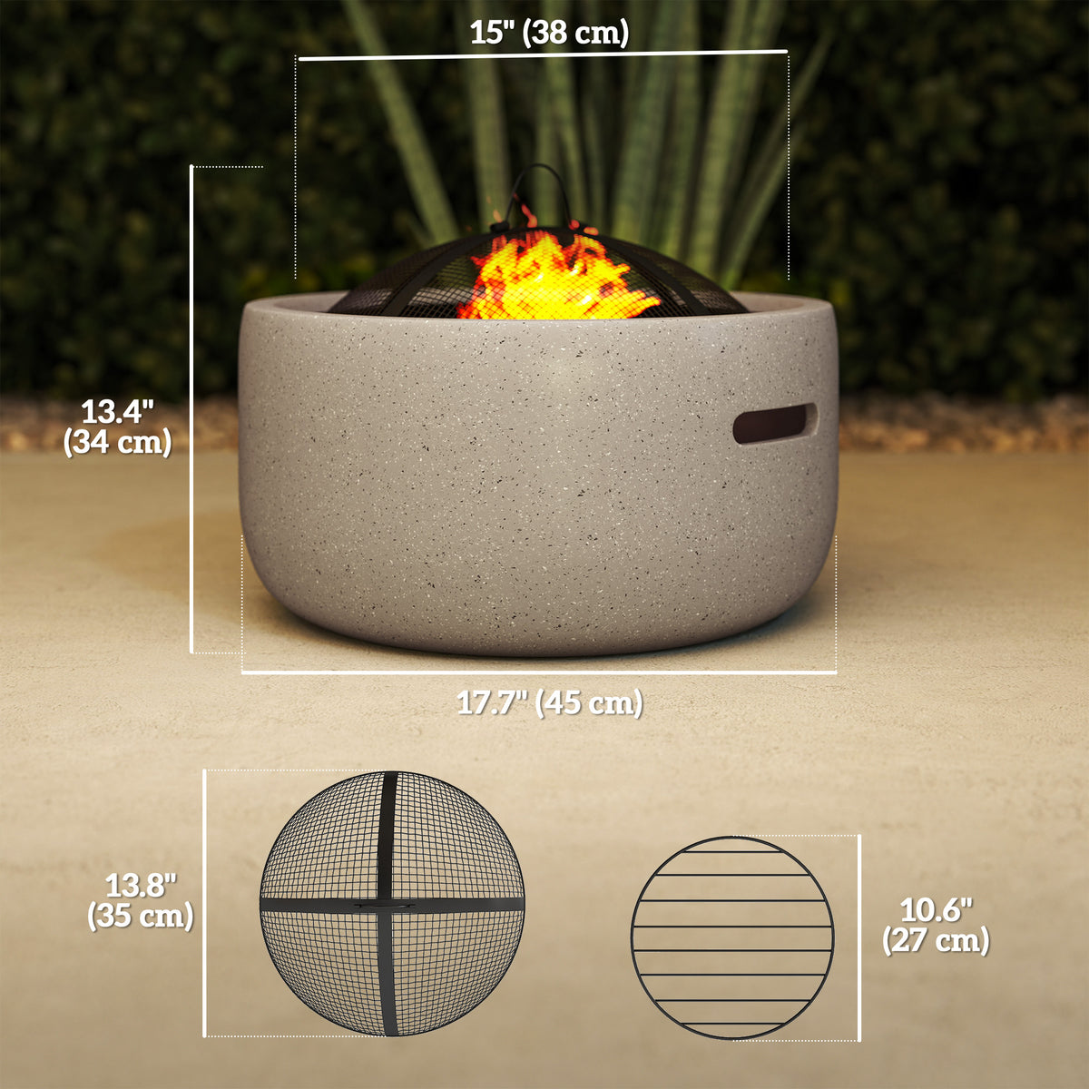 18" Grey Round Wood-Burning Fire Pit with Spark Screen