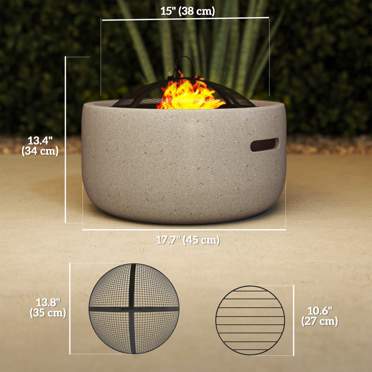 18" Grey Round Wood-Burning Fire Pit with Spark Screen