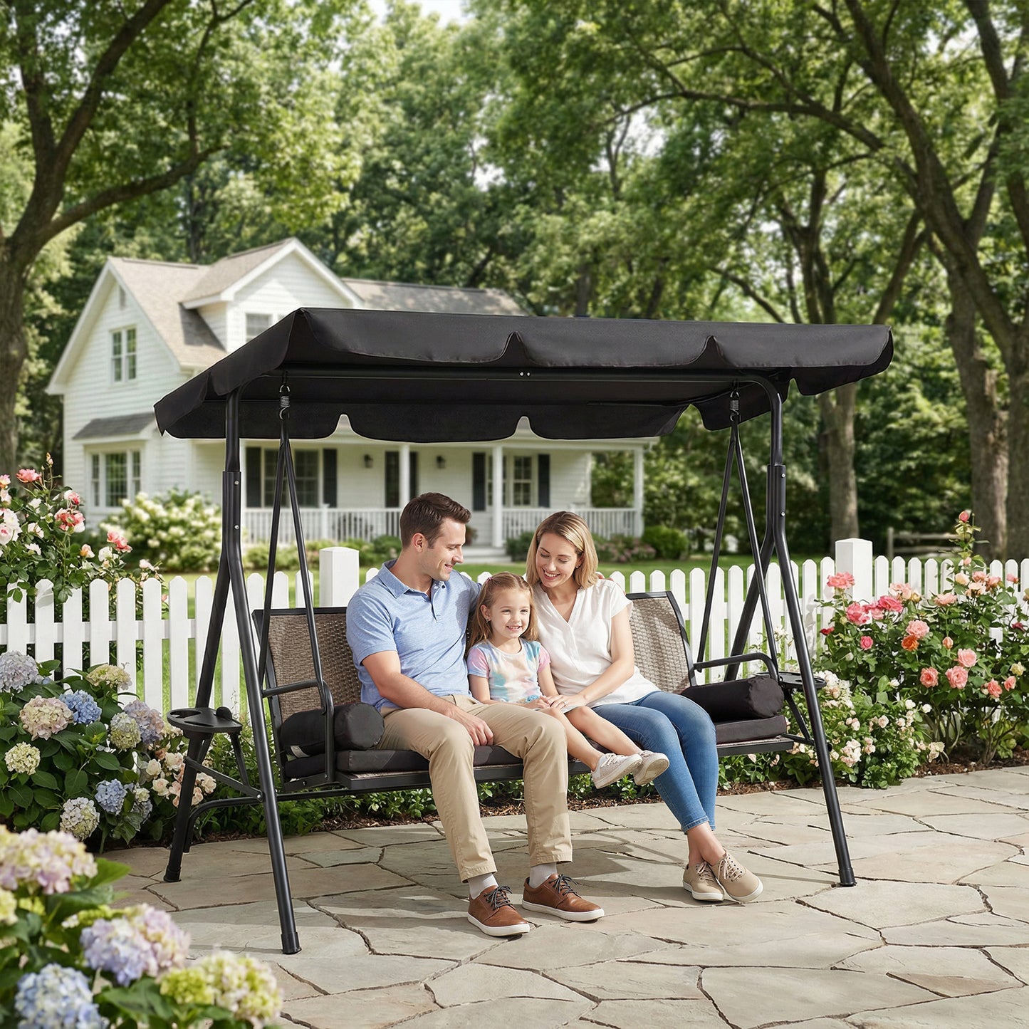 Outdoor 3-Seat Porch Swing with Canopy, Rattan Seat, Removable Cushion, Pillows and Steel Frame