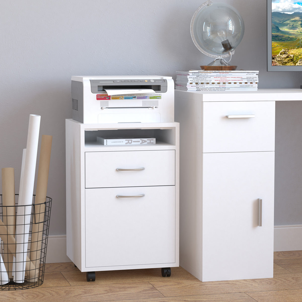 24" Small Filing Cabinet with Open Compartment, Drawer and Wheels, Home Office Storage Cabinet, White