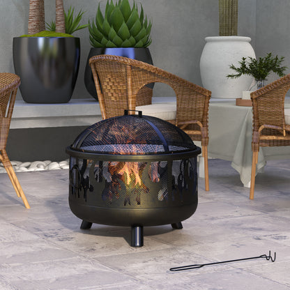 Black 24" Round Metal Fire Pit with Grill Lid & Poker