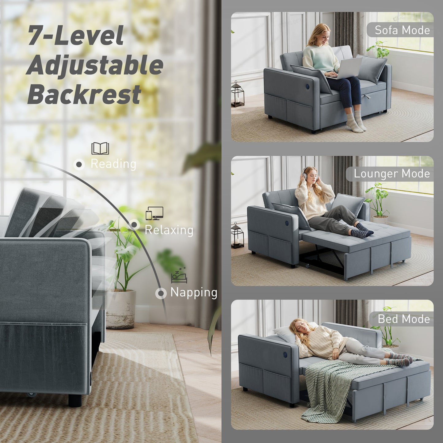 3-in-1 Convertible Sofa Bed, Pull-Out Sleeper Sofa with USB Charging, Adjustable Backrest and Side Pockets, Dark Grey