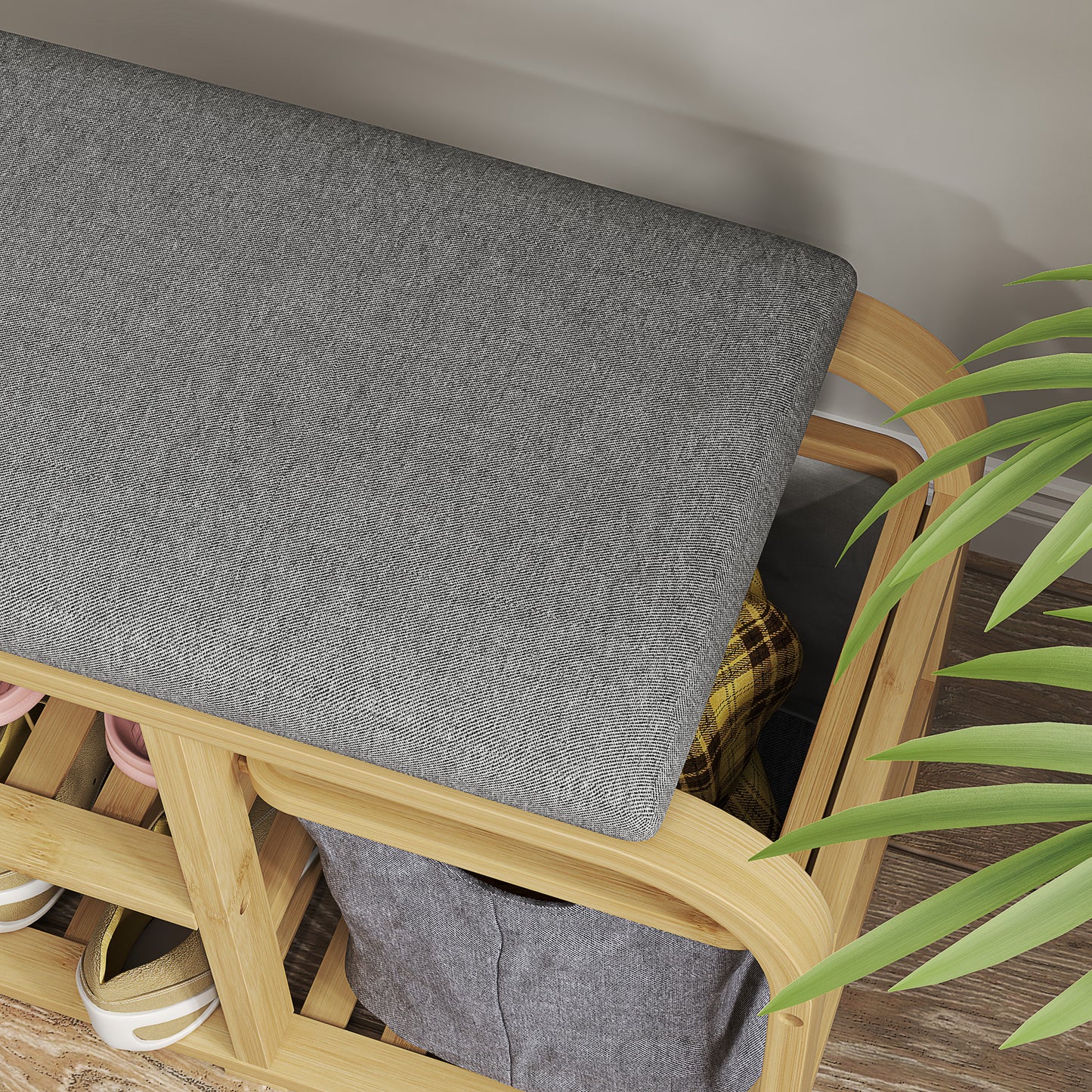 Bamboo Entryway Bench, Shoe Storage Bench with Cushion, Slat Shelves, Pull-Out Basket for Hallway, Entryway, Nature Wood