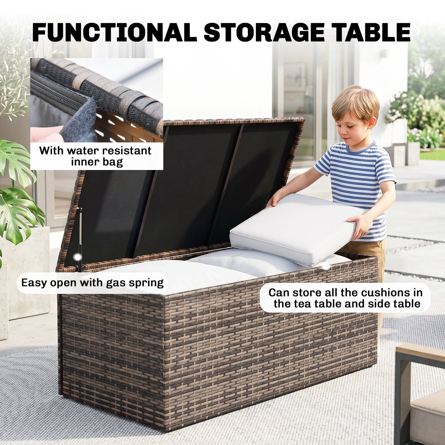 6 Pieces Wicker Patio Furniture Set with Cushions, 7-Seater Rattan Patio Sofa Set with Storage Table, Black