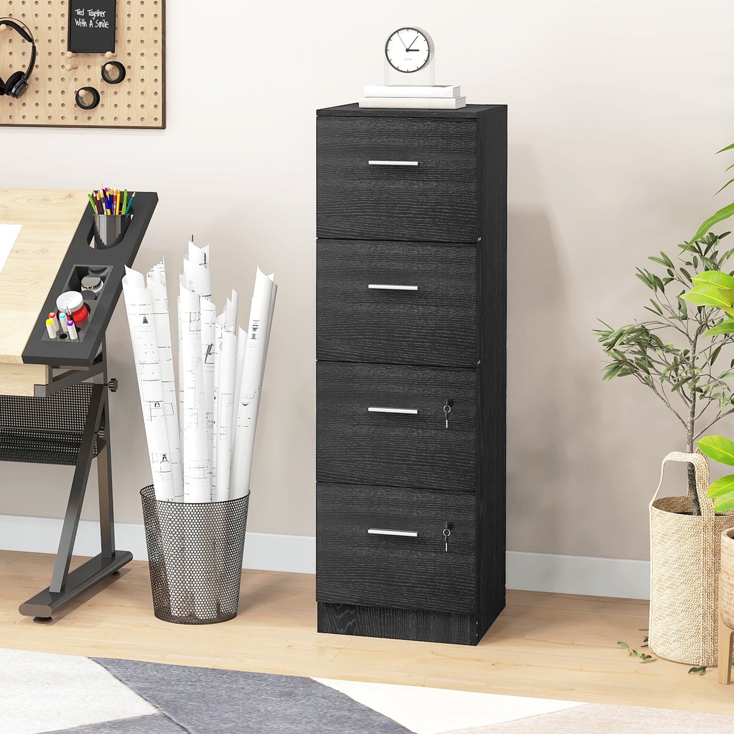 Vertical Filing Cabinet with Lock, 4 Drawer File Cabinet with Adjustable Hanging Bar for A4 and Letter Size, Black