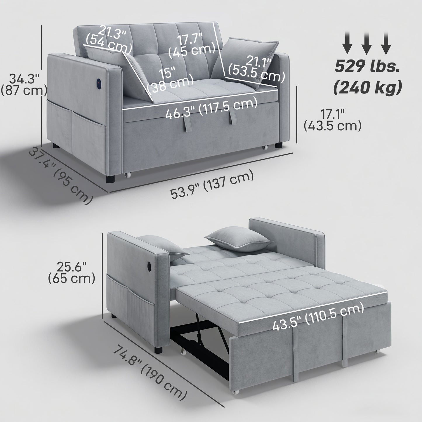 3-in-1 Convertible Sofa Bed, Pull-Out Sleeper Sofa with USB Charging, Adjustable Backrest and Side Pockets, Light Grey