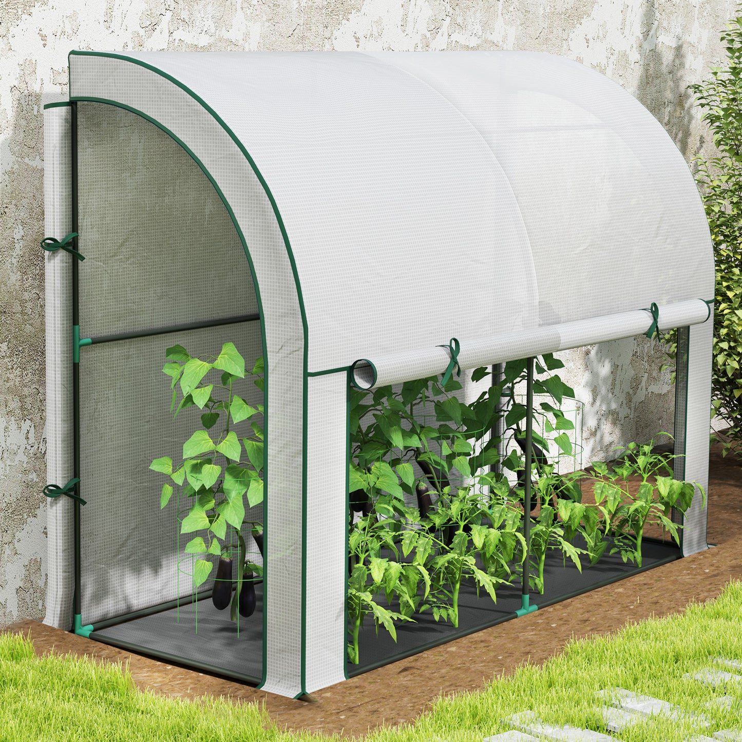 Walk-in Lean-to Greenhouse, Outdoor Gardening Green House with Zipper Roll-up Doors and Window