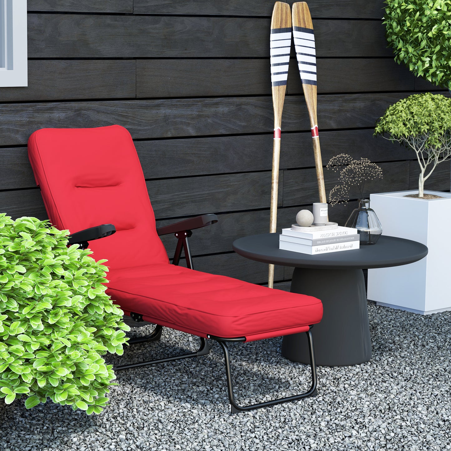 Folding Outdoor Lounge Chair with Cushion, Adjustable Backrest, Reclining Patio Garden Chair with Footrest, Wine Red