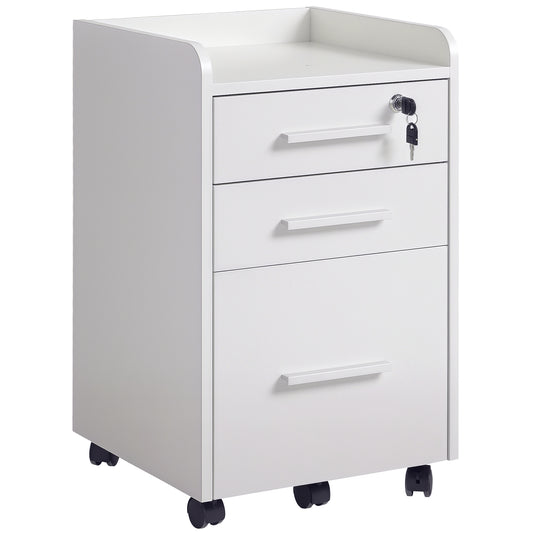 3-Drawer Filing Cabinet with Lock and Wheels - White