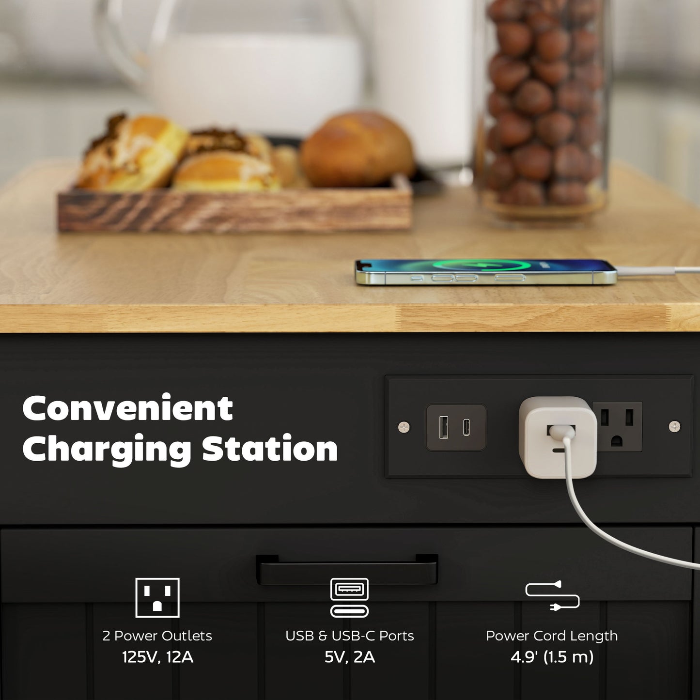 Kitchen Island Cart, Portable Kitchen Island Table with Charging Station, Rubber Wood Drop Leaf, Trash Storage, Black