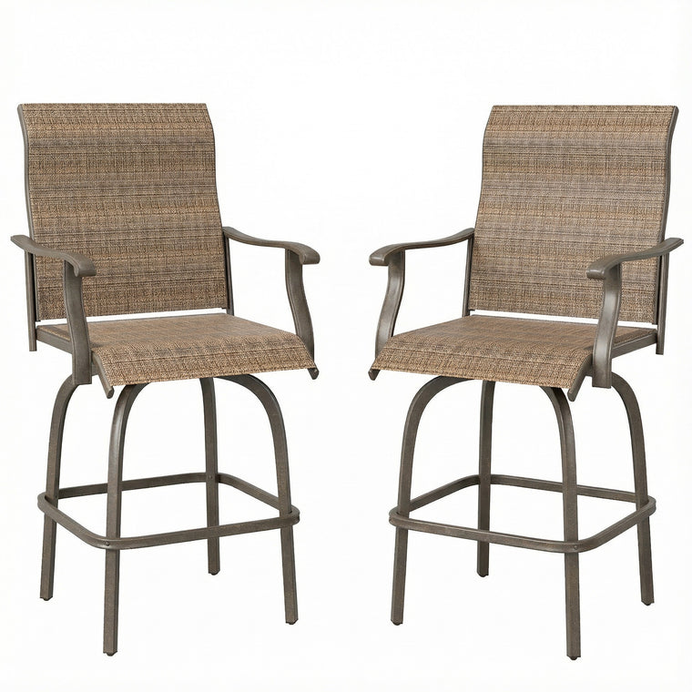 Brown Swivel Bar Stools with High Back and Armrests