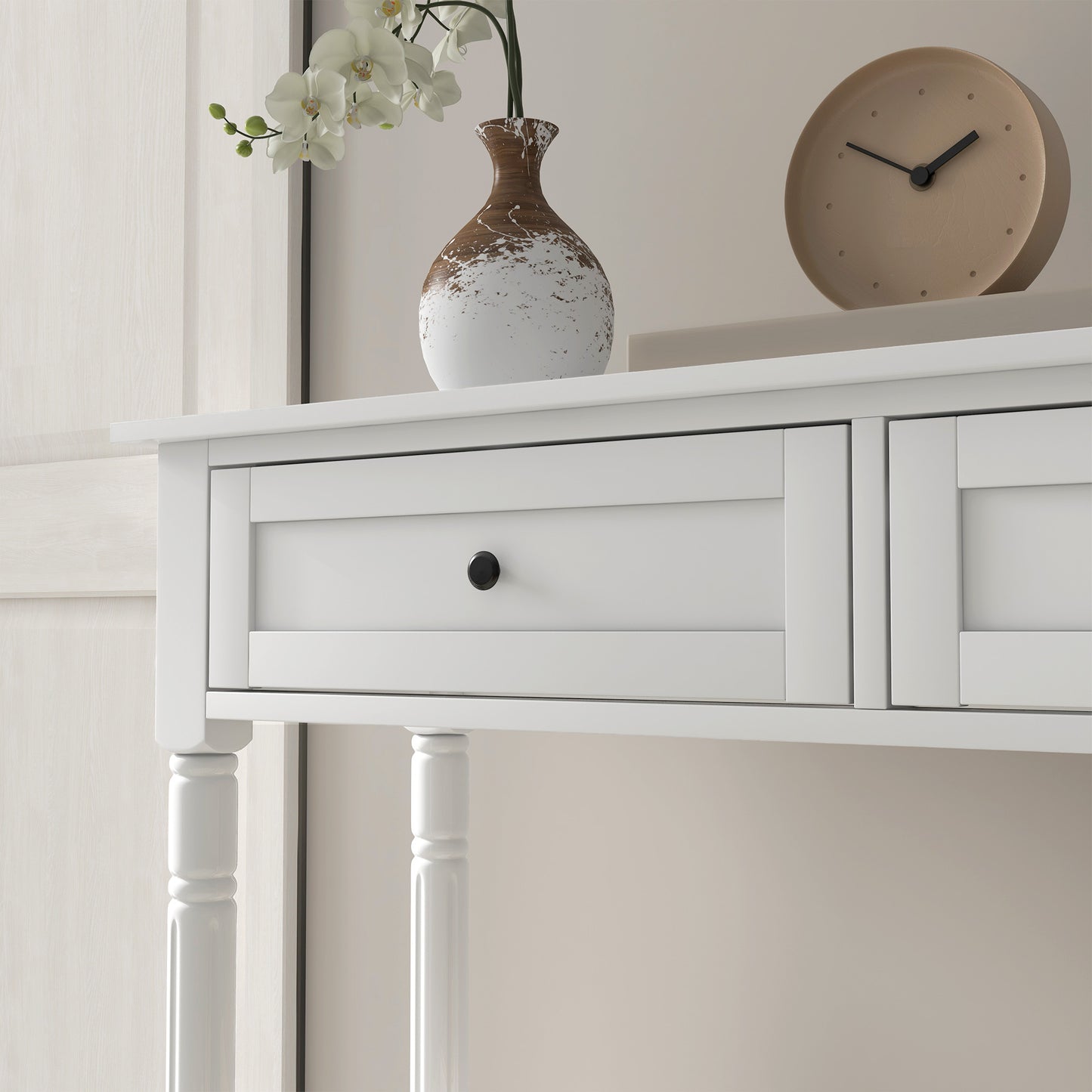 Hallway Console Table, Modern Entryway Table with 2 Drawers, Storage Shelf, Turned Legs for Living Room, Bedroom, White